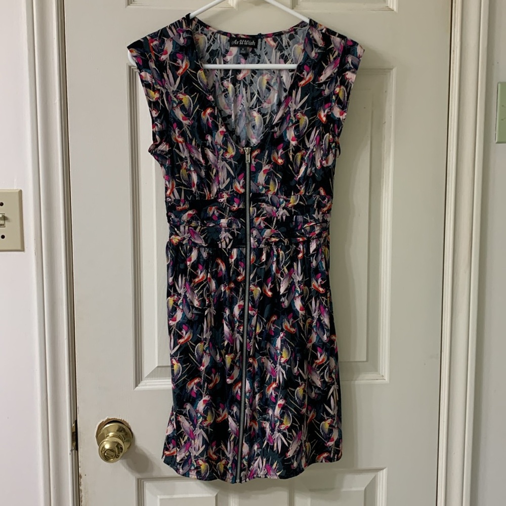 🌷3 for $25🌷As U Wish, US M, Black & Pink Bird Print Front Zipper Dress